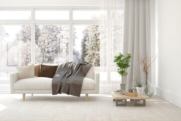 White living room with sofa and winter landscape in window. Scandinavian interior design. 3D illustration