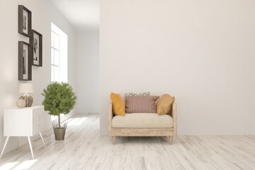 White living room with armchair. Scandinavian interior design. 3D illustration