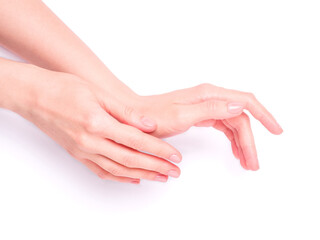 Beautiful female hands showing fresh cute pink manicure, skin and nail care concept, isolated