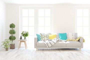 White living room with sofa. Scandinavian interior design. 3D illustration