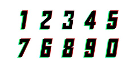 Number set, vector desing logo alphabet .Dynamic, split-color, shadow of  number red, green, blue in black frame on white background.