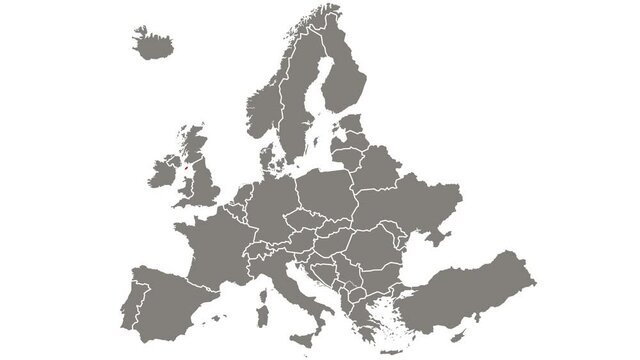 Isle of Man country blinking red highlighted in map of Europe