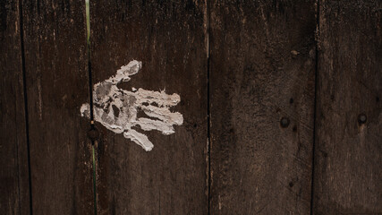 white palm and fingerprint on the Old shabby wooden grey boards. fence. background. texture. Weathered painted plank. Vintage. wall. paint. Hand in white paint.