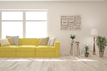 White living room with yellow sofa. Scandinavian interior design. 3D illustration