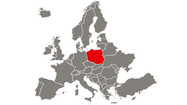 Poland country blinking red highlighted in map of Europe