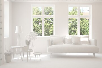 White living room with sofa and summer landscape in window. Scandinavian interior design. 3D illustration