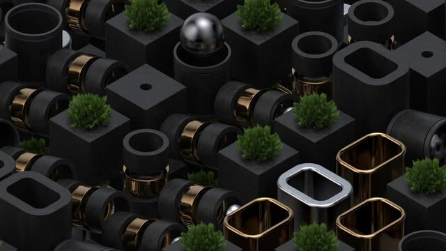 Abstract 3d render background with metallic elements, spheres, realistic plants. Modern isometric composition. Rich textures. Loop animation.
