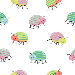 Seamless pattern with colorful bugs. Bright vector drawing of small beetles. Insect on the background with gray leaves.