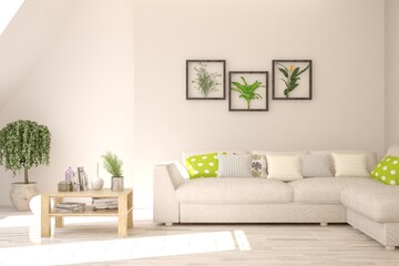 White living room with sofa. Scandinavian interior design. 3D illustration