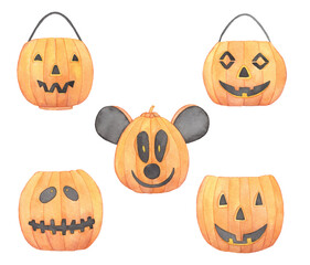 Watercolor Halloween illustration of Pumpkins Faces, Jack O Lanterns