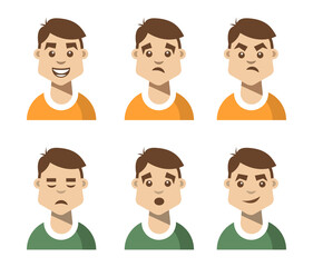 Young man face expression, set of cartoon vector illustrations isolated on white background.