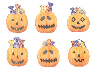 Watercolor Halloween illustration of Pumpkins Faces with candies, Jack O Lanterns