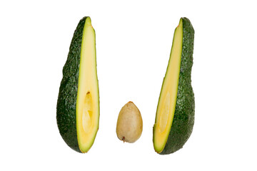 Two halves of an avocado and seed floating in air isolated on pure white background
