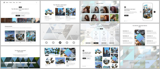 Vector templates for website design, presentations, portfolio. Templates with triangles, triangular pattern for presentation slides, flyer, leaflet, brochure cover. Backgrounds with place for photo.