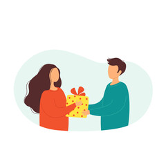 A young man gives a woman a gift box with a bow. Postcard concept for birthday, valentine's day, new year, christmas, family holiday. Isolated vector illustration in flat style