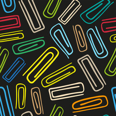 Bright colorful multicolored paper clips isolated on black background. Dark seamless pattern. Vector flat graphic hand drawn illustration. Texture.