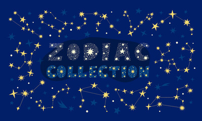 Zodiac signs vector collection of 12 horoscope constellations isolated on midnight blue background. Aries, Taurus, Leo, Gemini, Virgo, Scorpio, Libra, Aquarius, Sagittarius, Pisces, Capricorn, Cancer.