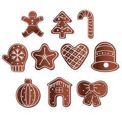 Ginger man, man, tree, cane, mitten, snowflake, star, heart, bow, ball, house, bell as a set of Christmas gingerbread, vector stock illustration isolated on a white background