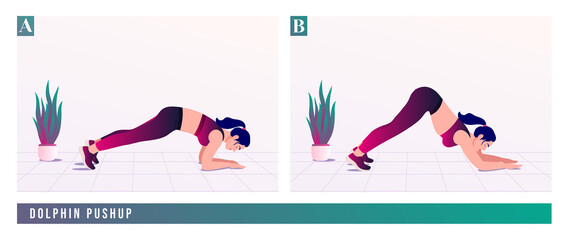 Girl doing Dolphin Pushup exercise, Women workout fitness, aerobic and exercises. Vector Illustration.	