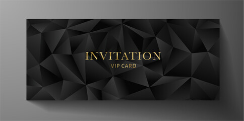 Premium invite VIP card template with black polygon background. Deluxe geometric poly pattern (triangle texture). Rich holiday design useful for invitation event, luxury gift certificate, voucher