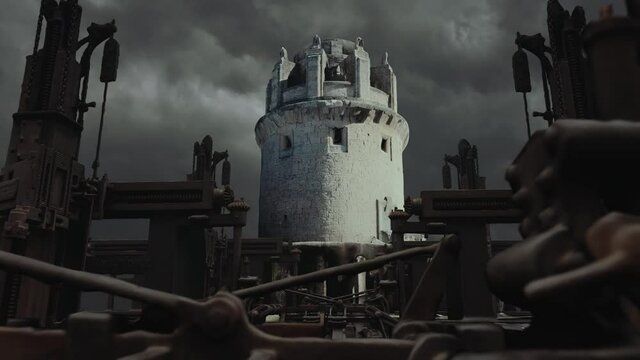 White stone tower with stormy clouds in the background and lighting flashes with metal machines and constructions. Dystopian, steampunk, sci-fi, fantasy cinematic scenery. High quality 4k footage