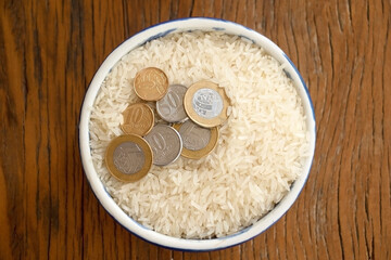 Expensive rice in Brazil due economic pandemic crisis. Coins inside raw rice grains bowl. Concept of rising rice prices in the Brazilian basic basket, return of inflation.