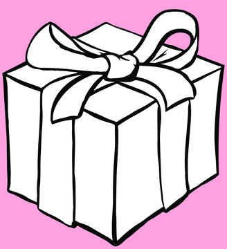 Hand drawn black and white vector illustration of gift box with bow.