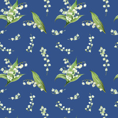 Watercolor seamless pattern with bouquets of white lilies of the valley