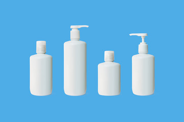 Mock-up of cosmetic package. Set of blank templates of empty and clean white plastic containers isolated on blue background: bottles with spray, dispenser and tube