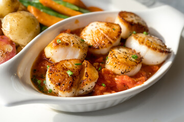 Freshly prepared sauteed scallops in a dish with tomato sauce and chives and a side of vegetables.