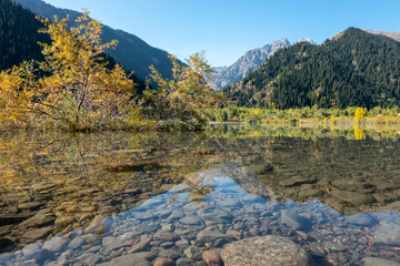 Snow-capped and green mountains, autumn trees are reflected in the waters of a mountain lake. Issyk lake, Kazakhstan