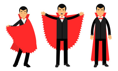 Young Man with Sharp Fangs in Black Suit and Red Cloak Vector Illustration Set