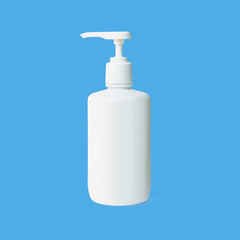 White bottle with dispenser isolated on blue background. Sanitizer container with pump dispenser