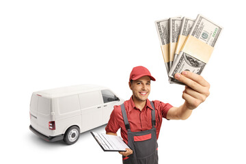 Male courier with a white van holding a clipboard and stacks of money