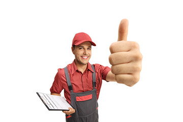 Delivery guy holding a clipboard and gesturing a thumb up sign