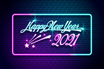 Happy New Year 2021 template with hand drawing neon text design. Vector illustration