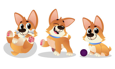 Cute Cartoon Puppy with Big Ears Showing Different Mood and Emotion Vector Set