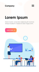 Students in classroom flat vector illustration. Cartoon young characters listening teacher during lesson in college. Study and education concept