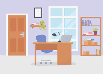 office workplace desk chair lamp laptop shelf window bookcase and door