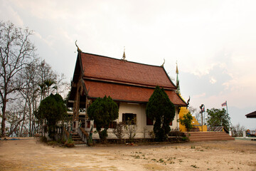 Thai people and travelers foreign travel visit and respect praying buddha statue in Wat Phra That Mae Yen Temple evening time at Pai city valley hill on February 27, 2020 in Mae Hong Son, Thailand