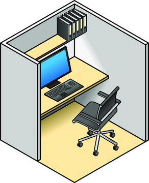 A Very Small Office Cubicle With A Computer, Some File Binders, And A Chair.