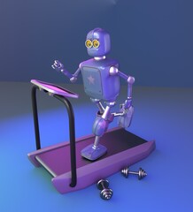 robot running on a treadmill,neon background,3d render.