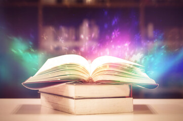 Imagine a picture book of an ancient book opened on a wooden table with a sparkling golden background. With magical power. magic. lightning around a glowing glowing book In the room of darkness