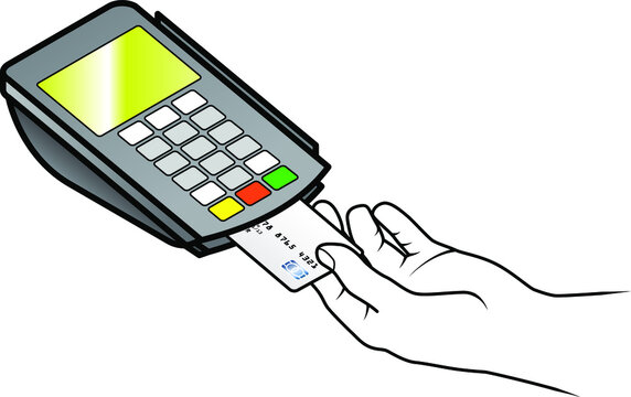 A hand inserting a chipped credit card intp a small point of sale pin pad / terminal.