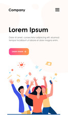 Happy young people taking photo via mobile phone flat vector illustration. Cheerful group of characters having fun and posing for picture. Digital technology and friendship concept