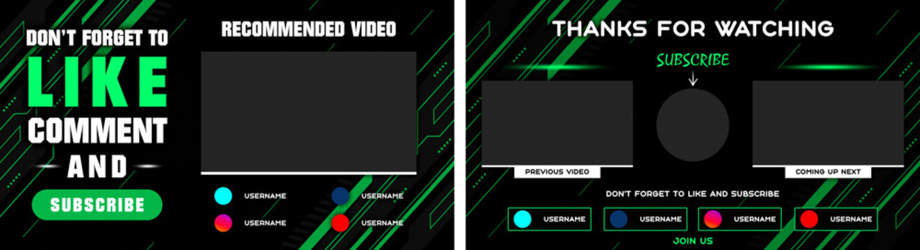Youtube End Screen with green design and green lines. Youtube Video Template,  background,  Outro Card, end screen, banner, channel. Social media design.