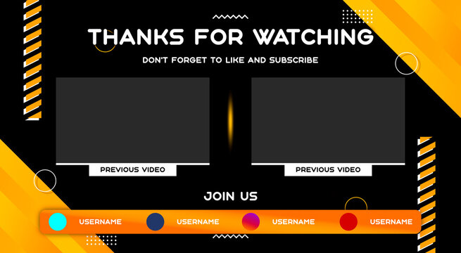 Youtube End Screen with orange design and orange lines. Youtube Video Template,  background,  Outro Card, end screen, banner, channel. Social media design.