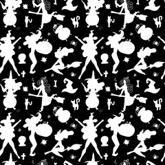Seamless Pattern, Symbols Halloween Holiday, White witche Silhouettes on black Background. Vector simple flat backdrop.