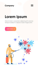 Sanitary workers in protective suits spreading chemicals on virus and disinfecting surface. Vector illustration for coronavirus epidemic, bio hazard, disinfection concept