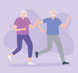 activity seniors, elderly man and woman running sport